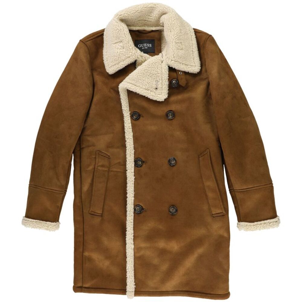 GUESS Mens Faux Shearling Overcoat Dress, Brown, S, DM